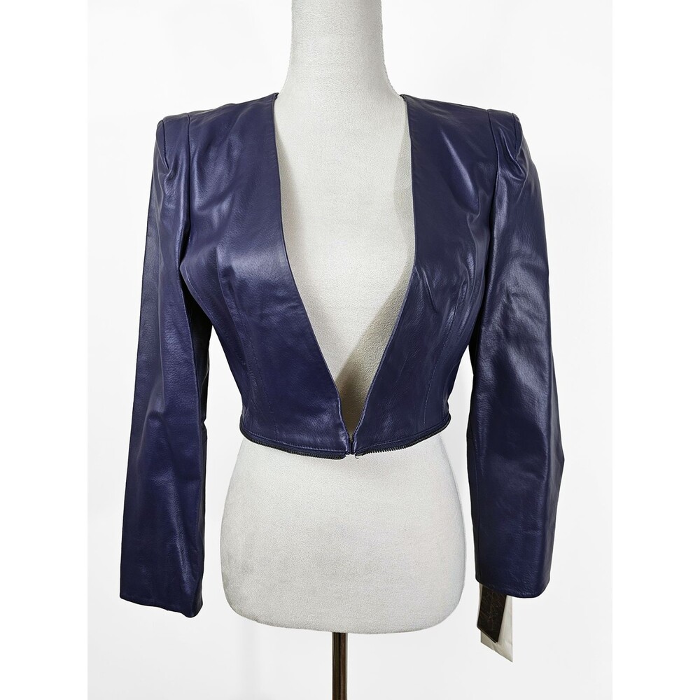 Hal Rubenstein Small Dark Purple Leather Blazer Jacket Retro Cropped - Picture 9 of 11